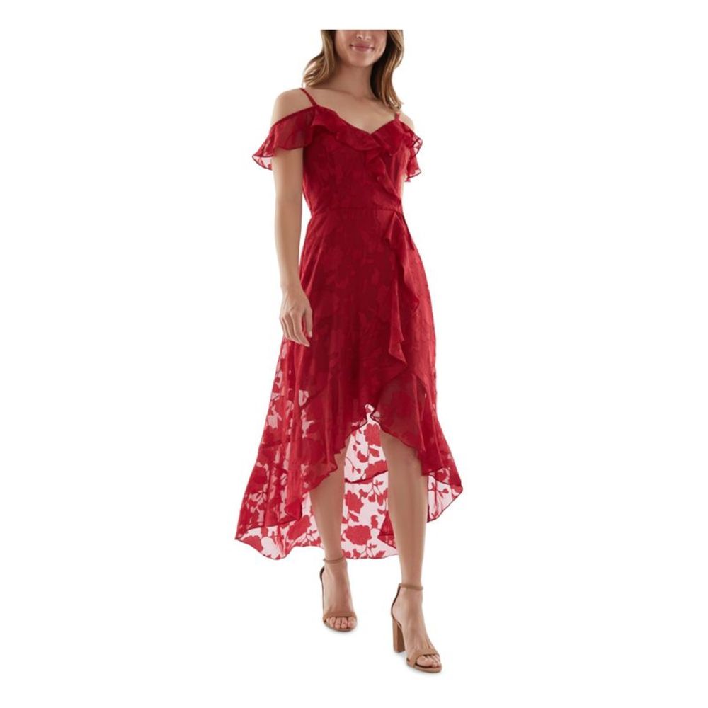 BCX DRESS Womens Red Burnout Flutter Sleeve Maxi Evening Hi-Lo Dress Juniors S
